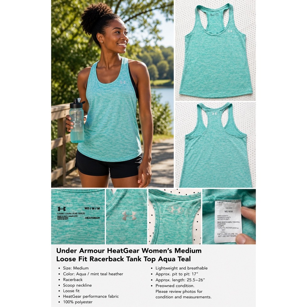 Under Armour HeatGear Womens Medium Loose Fit Racerback Tank Top Aqua Teal